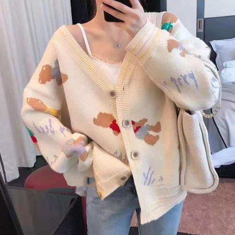 Loose V-neck cubs sweater knitted long coat for women