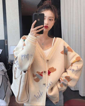 Loose V-neck cubs sweater knitted long coat for women