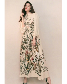 Long autumn frenum flowers printing lady dress