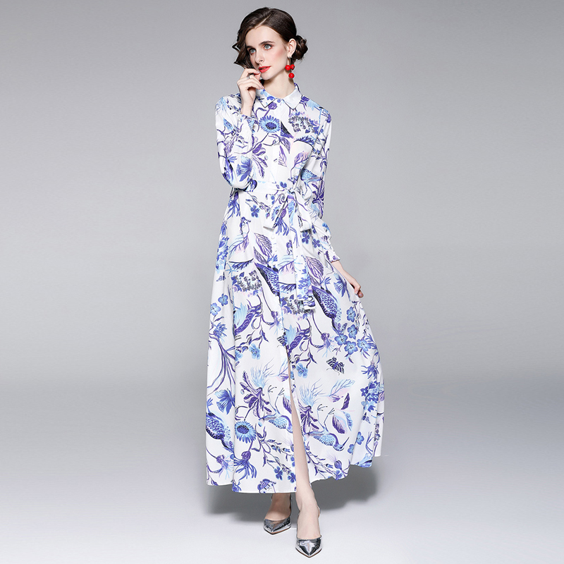 Lapel single-breasted autumn big skirt printing floral dress