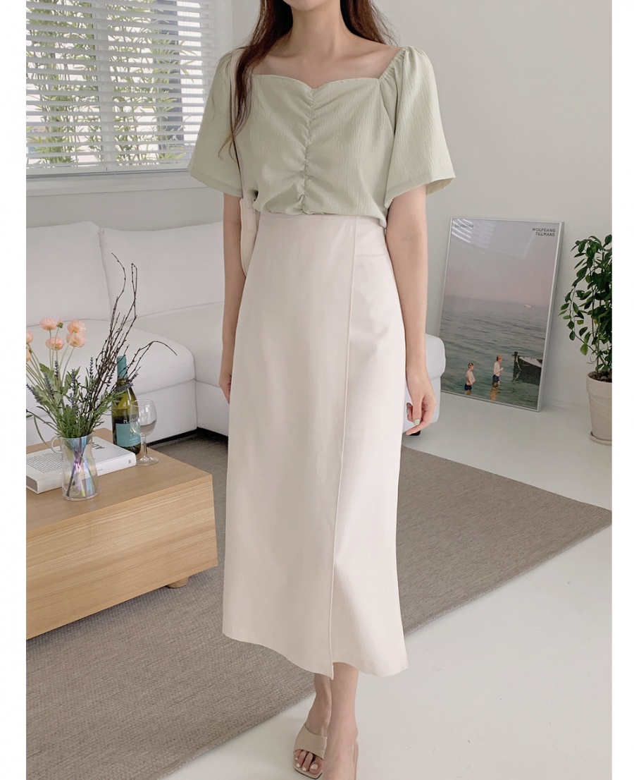 Simple short sleeve tops high waist skirt 2pcs set