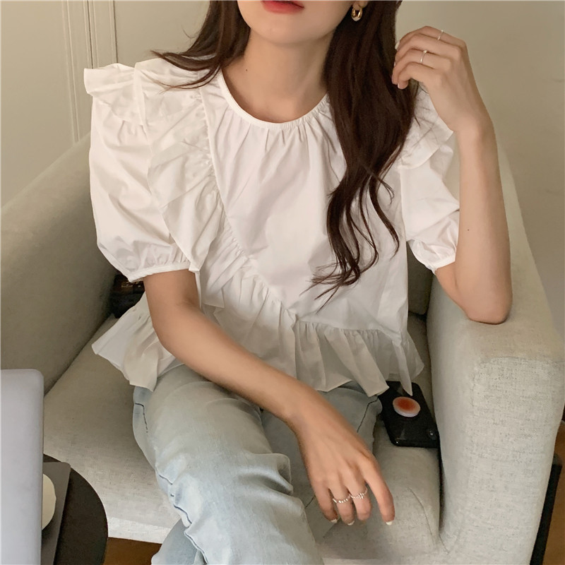 Sweet small Korean style shirt short lotus leaf edges tops