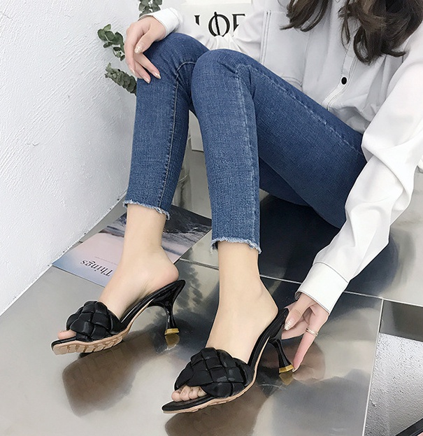 Fine-root weave summer high-heeled Korean style slippers for women