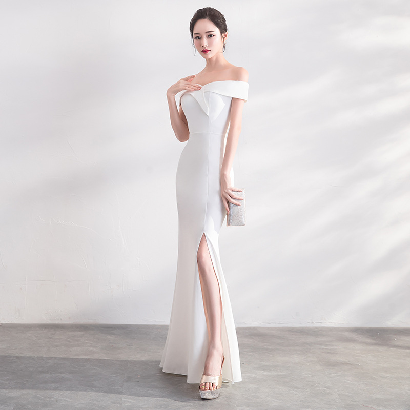 Elegant long host flat shoulder evening dress for women