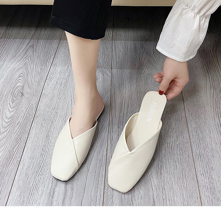 Pure square head summer flat slippers for women