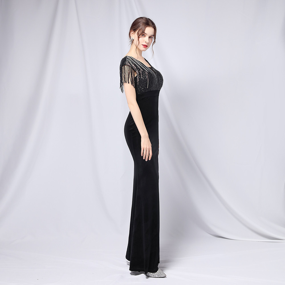 Long sequins flat shoulder evening dress for women