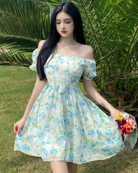 Floral puff sleeve pinched waist romantic France style dress