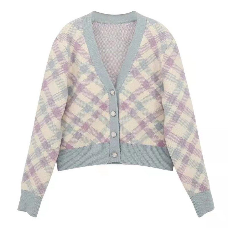 Quilted short coat mixed colors V-neck cardigan for women