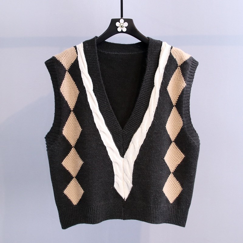 Quilted knitted waistcoat autumn retro vest for women