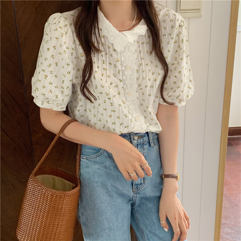 Korean style mixed colors short sleeve floral sweet shirt