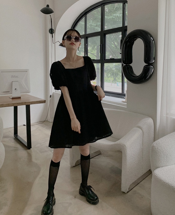 Hollow square collar embroidery short sleeve dress