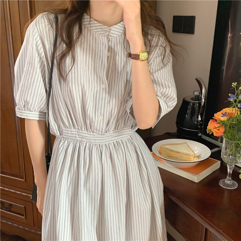 Frenum stripe simple all-match pinched waist dress
