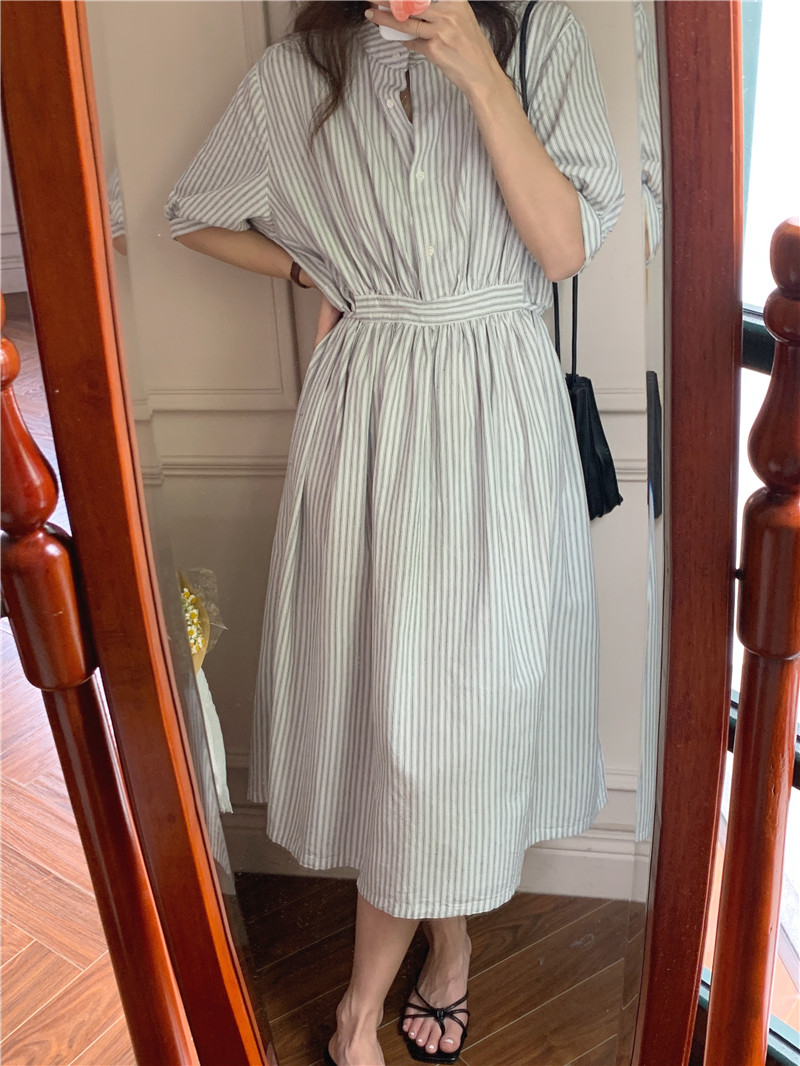 Frenum stripe simple all-match pinched waist dress