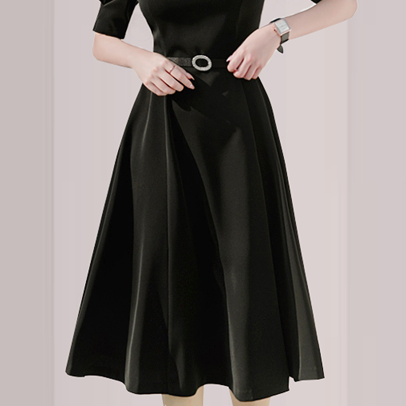 V-neck big skirt black slim profession summer dress