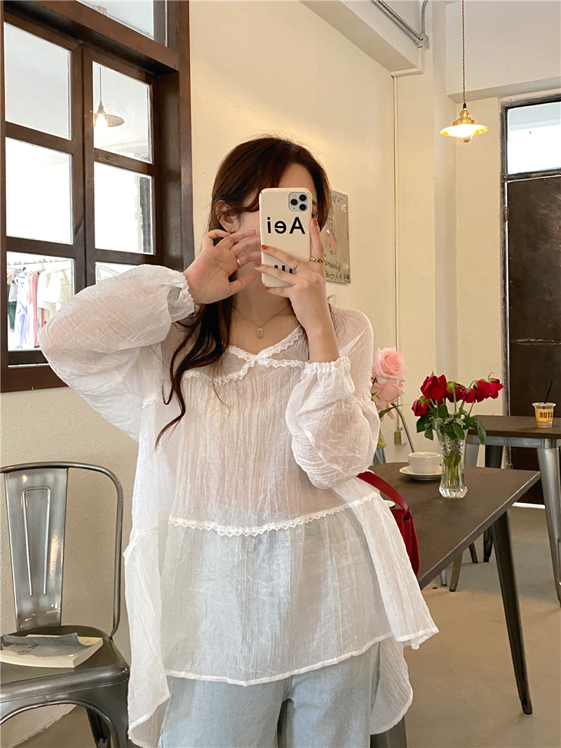 Small lace maiden V-neck Korean style shirt