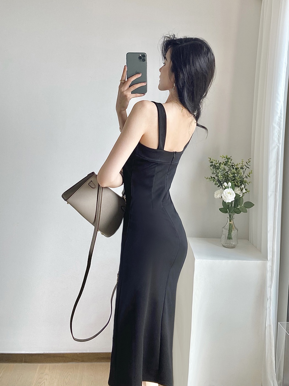 Slim summer pocket France style split black long dress