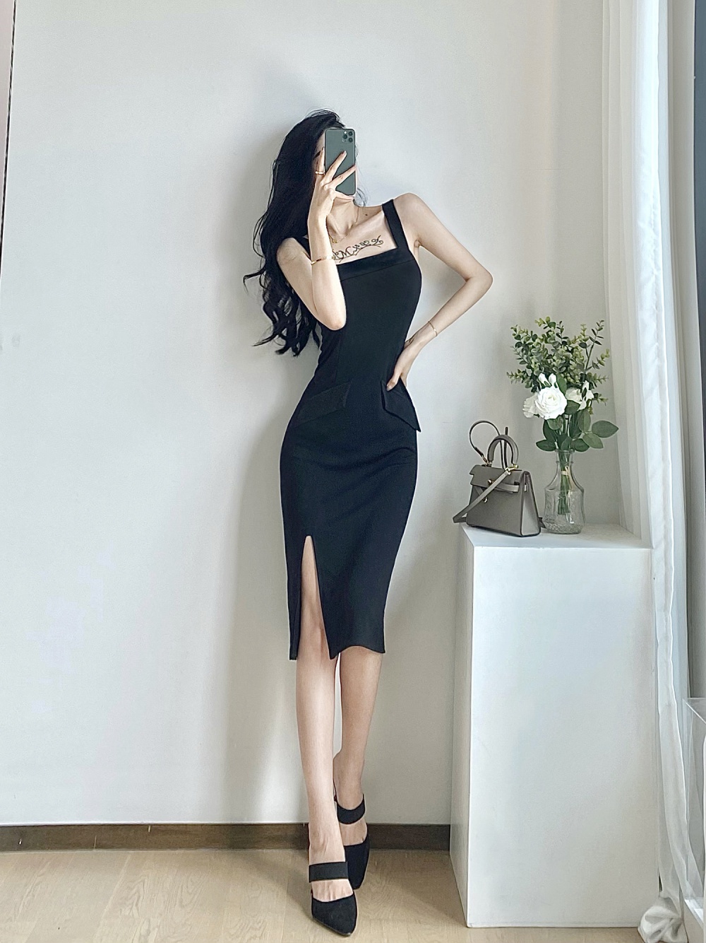 Slim summer pocket France style split black long dress