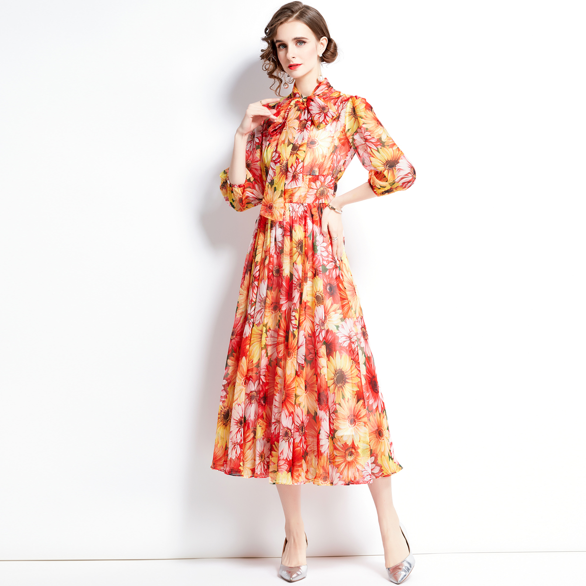 Long European style short sleeve printing dress for women