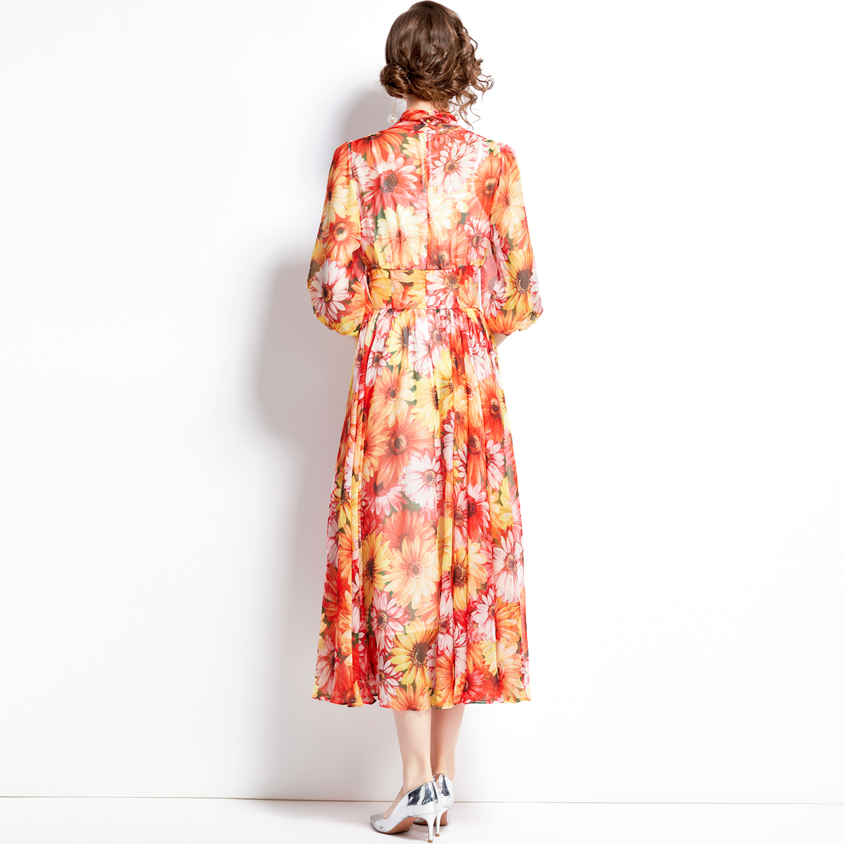 Long European style short sleeve printing dress for women