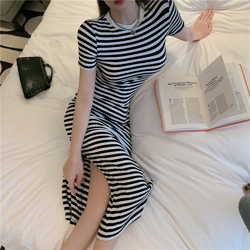 Clipping split slim stripe long dress