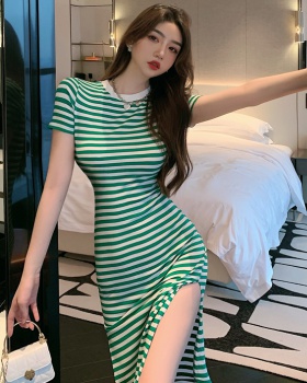 Clipping split slim stripe long dress