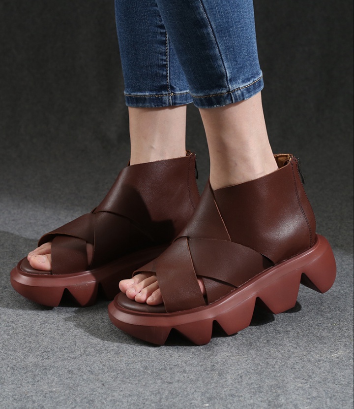 First layer cowhide thick crust retro sandals for women