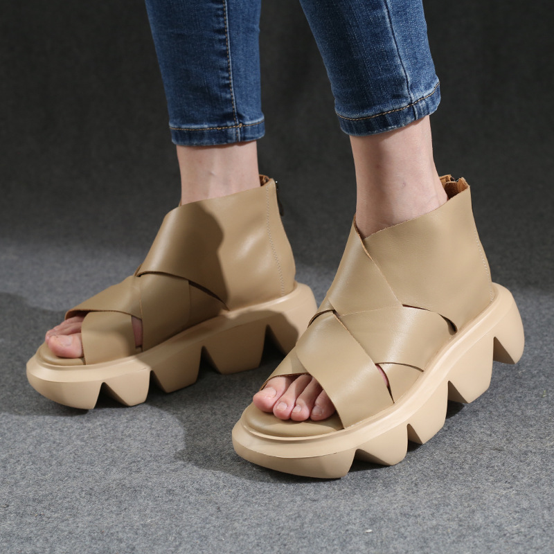 First layer cowhide thick crust retro sandals for women
