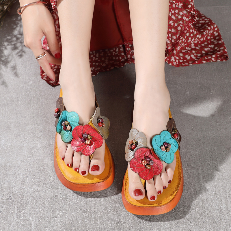 Flowers genuine leather summer thick crust slippers