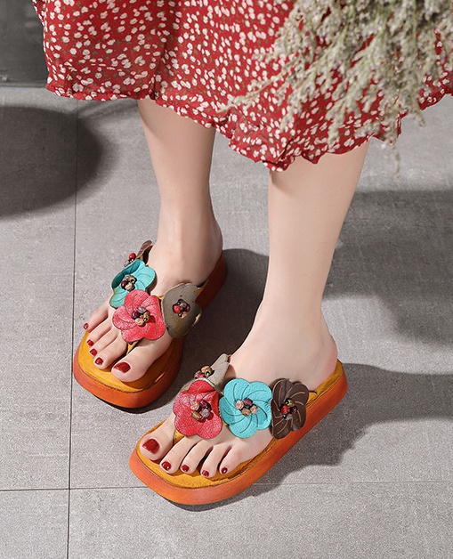 Flowers genuine leather summer thick crust slippers