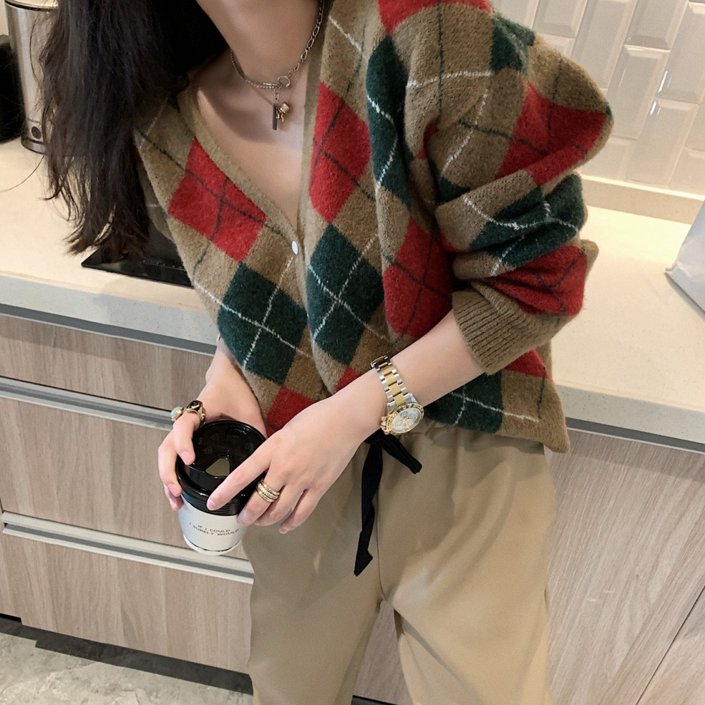 Quilted green tops V-neck autumn and winter cardigan for women