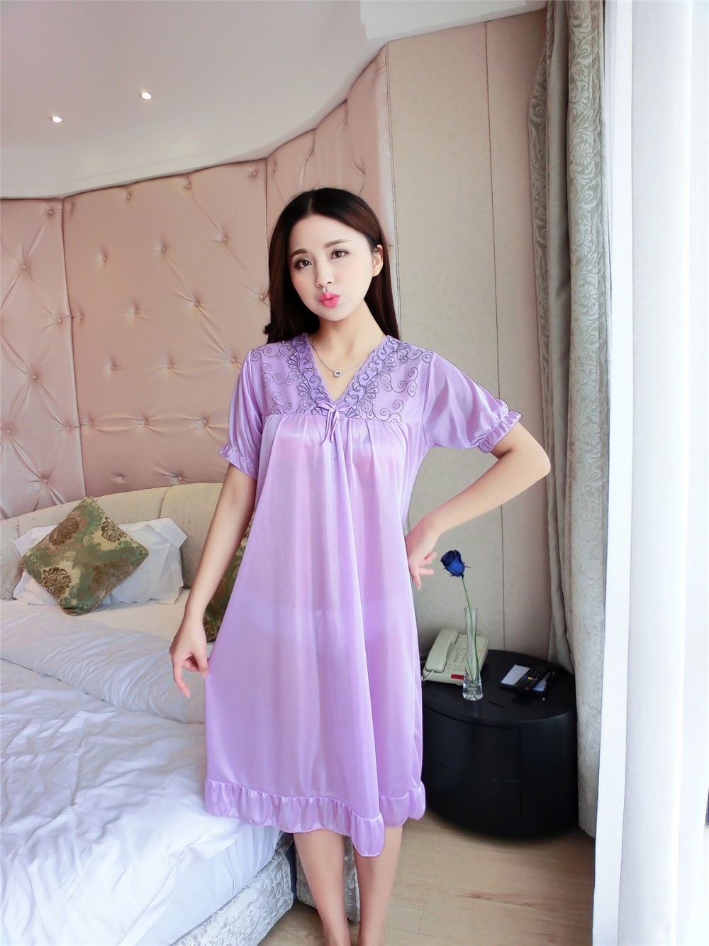 Fresh ice silk summer night dress sweet homewear pajamas for women