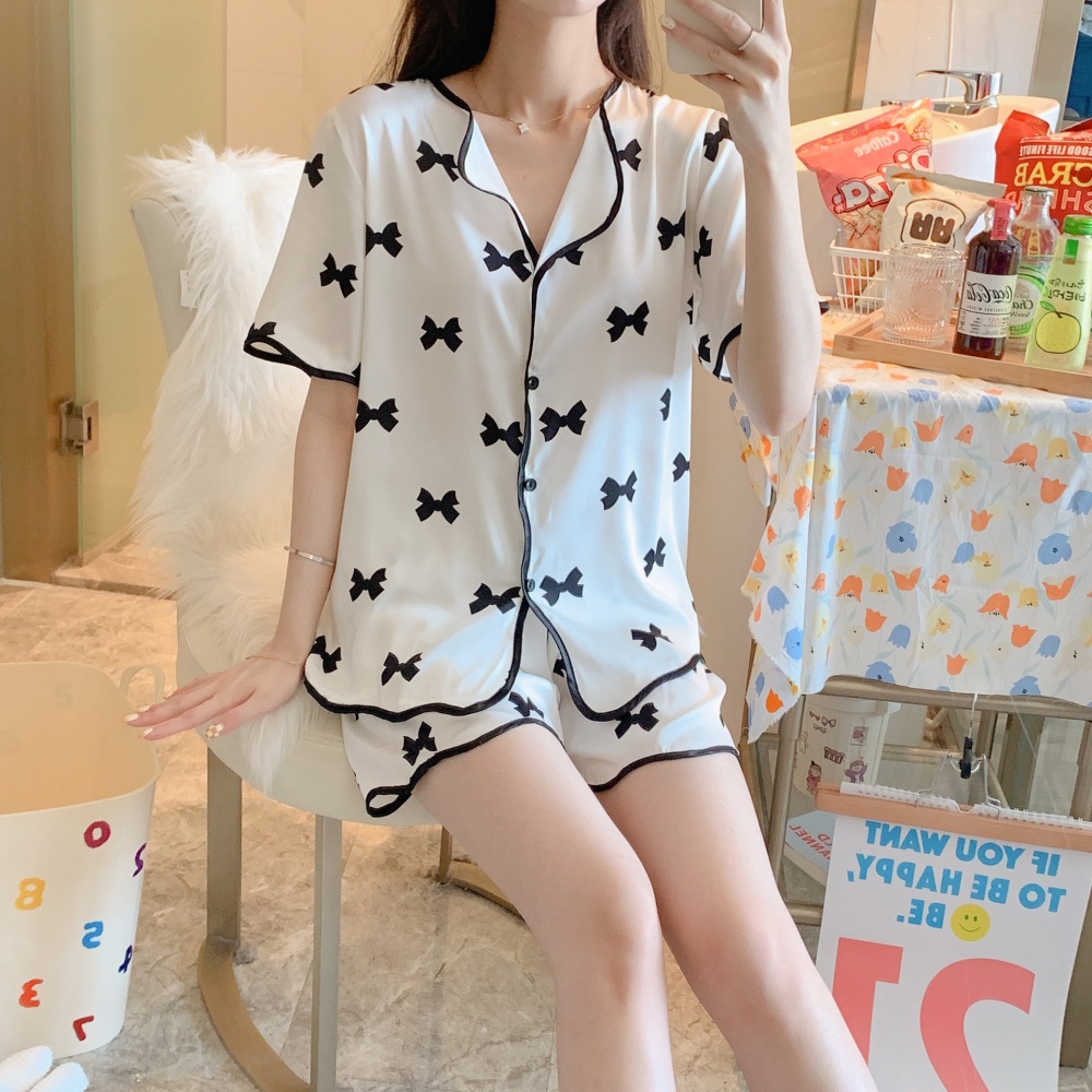 Ice silk printing pajamas bow summer shorts 2pcs set for women