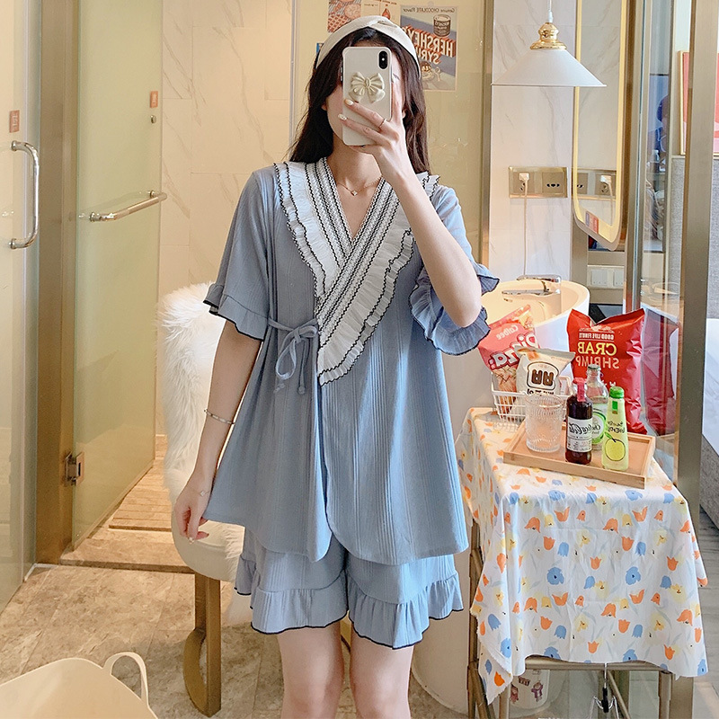 Lace cotton kimono lovely short sleeve pajamas a set for women