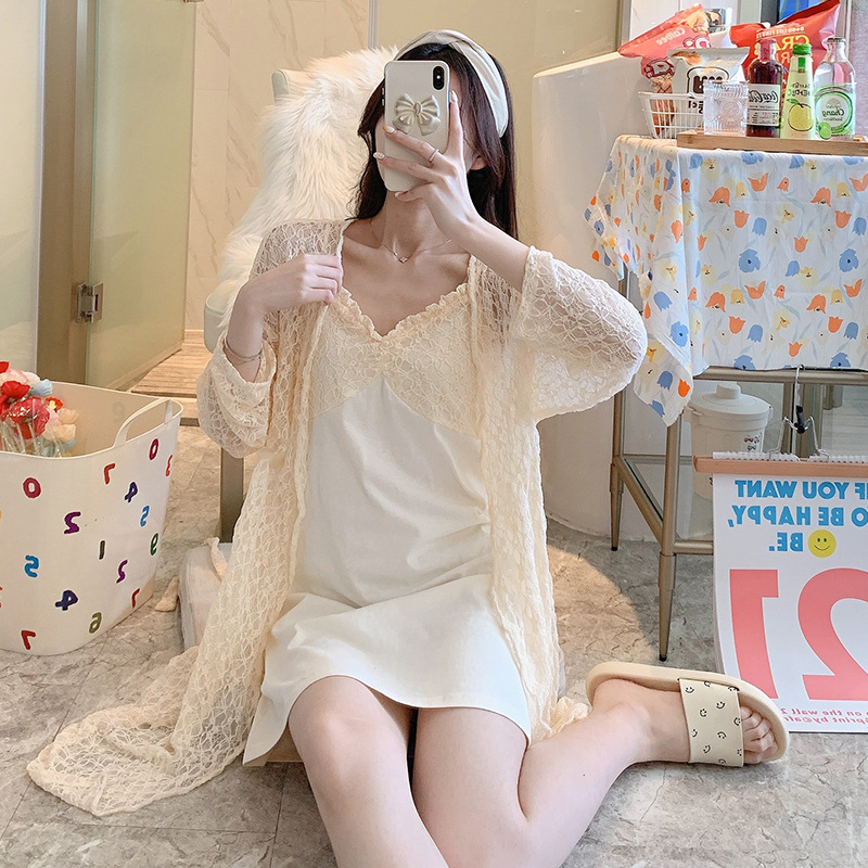 Summer lace night dress with chest pad pajamas 2pcs set for women