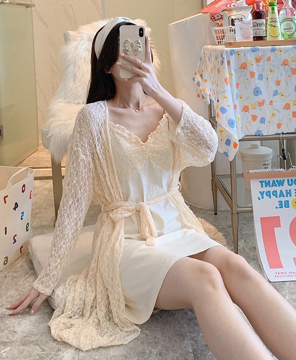 Summer lace night dress with chest pad pajamas 2pcs set for women
