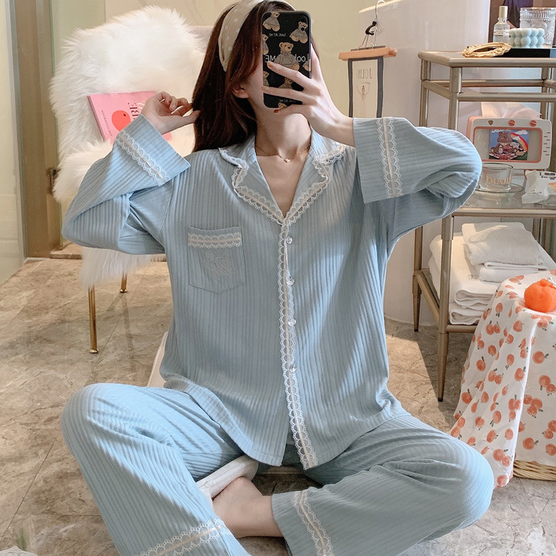 Long sleeve pajamas long pants 2pcs set for women