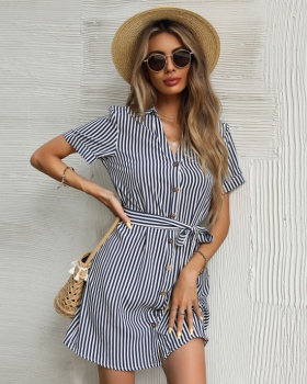 Summer lapel dress European style stripe shirt