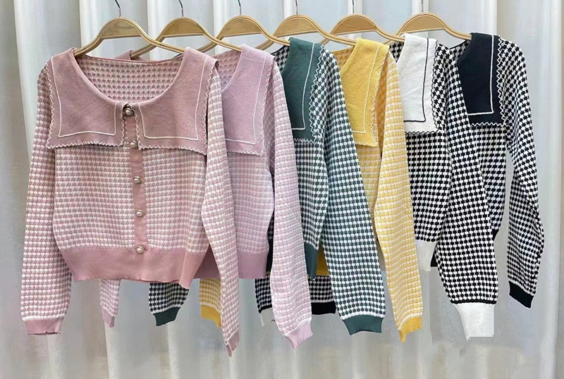 Plaid breasted sweater short long sleeve tops for women