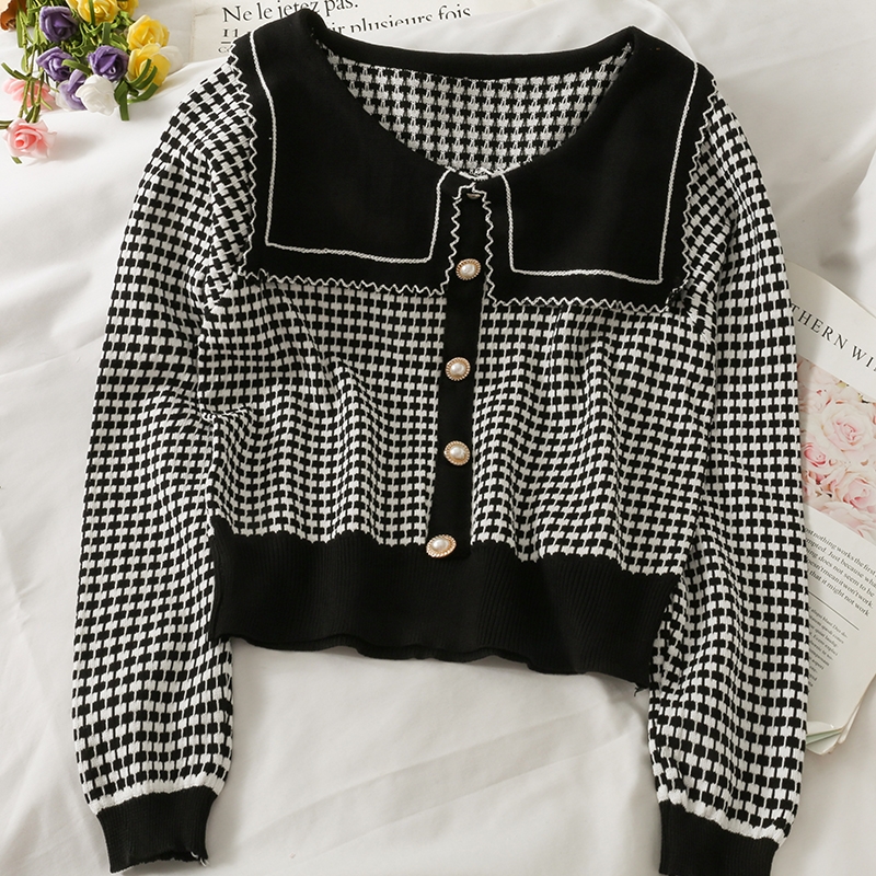 Plaid breasted sweater short long sleeve tops for women