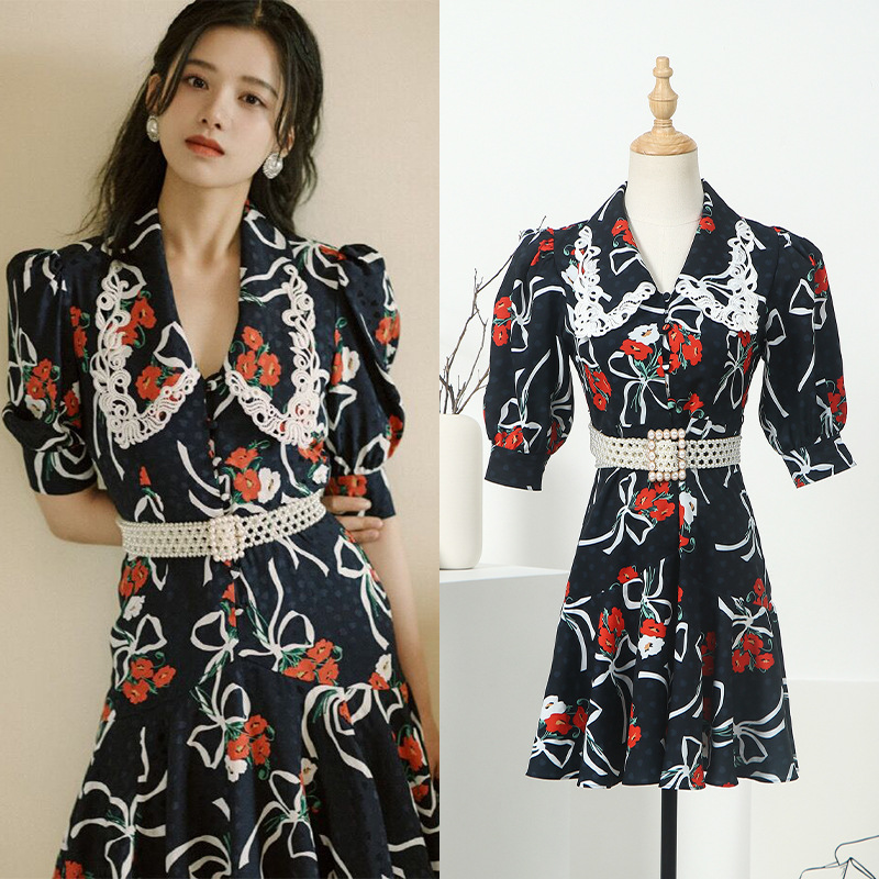 Slim printing embroidered flowers fashion dress for women