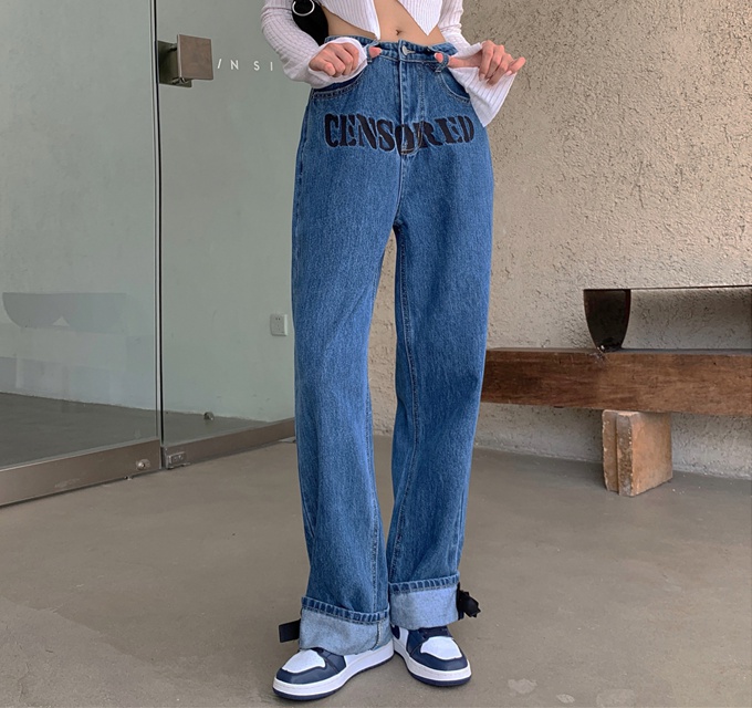 Wide leg embroidered letters jeans bow personality long pants