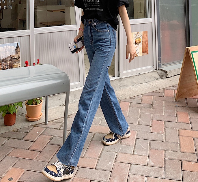 Holes washed jeans Korean style personality long pants
