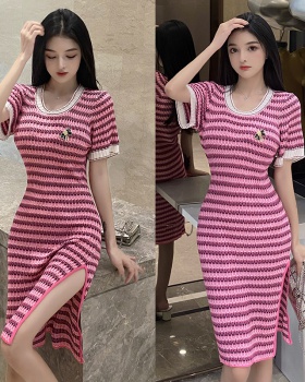Tender split knitted long dress stripe France style slim dress