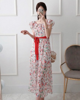 Flat shoulder floral pinched waist summer dress for women