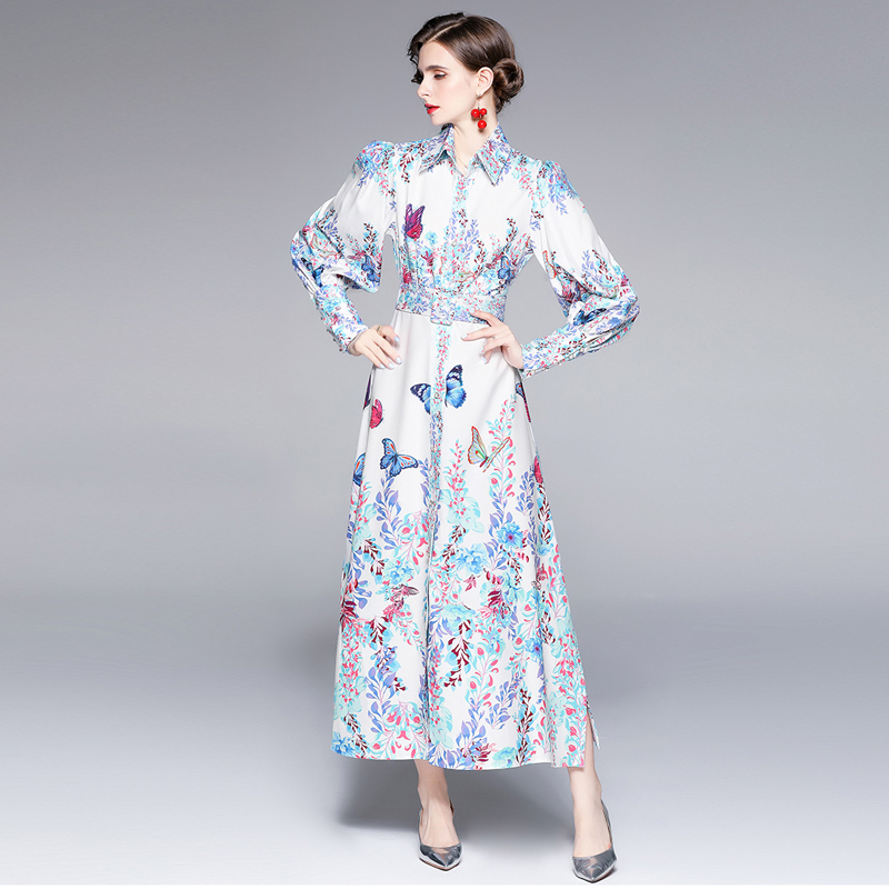 Single-breasted lapel with belt long printing dress