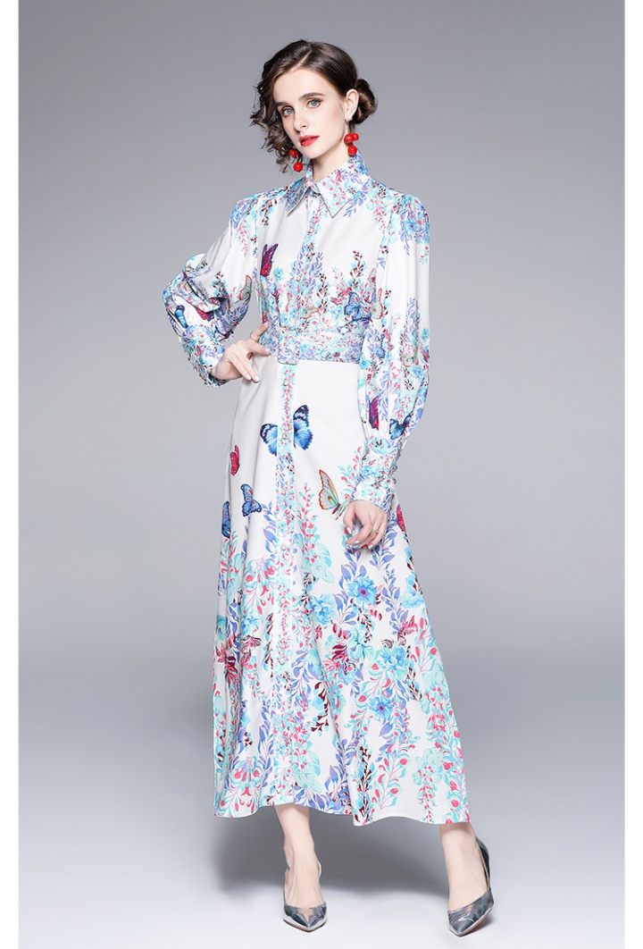 Single-breasted lapel with belt long printing dress