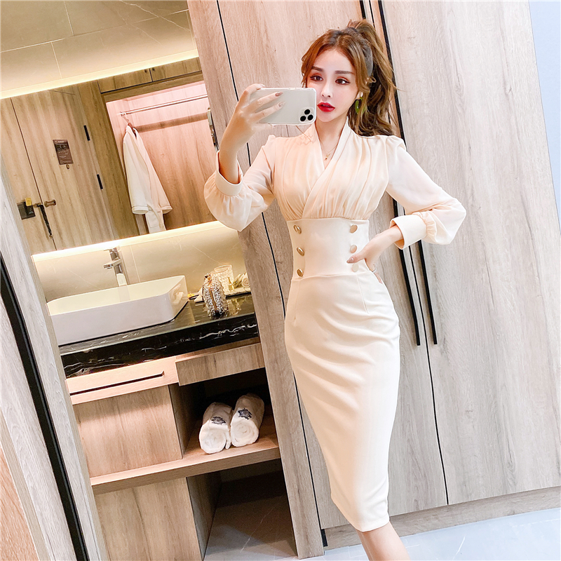 Fashion long sleeve single-breasted package hip dress