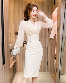 Fashion long sleeve single-breasted package hip dress