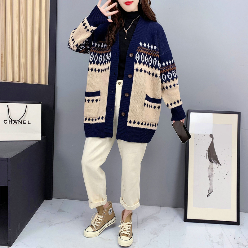 V-neck sweater thick coat for women