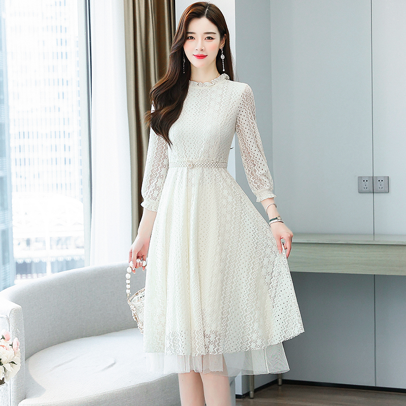 Gauze pinched waist slim bottoming dress for women